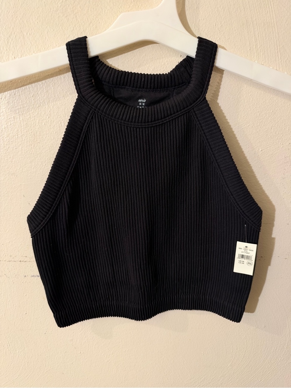 aerie Black Ribbed Halter Crop Tank